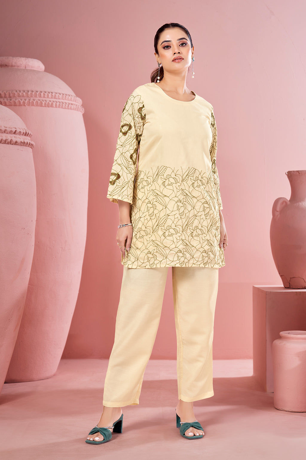 Cream Embroidered Cotton Co-Ord Set for Women