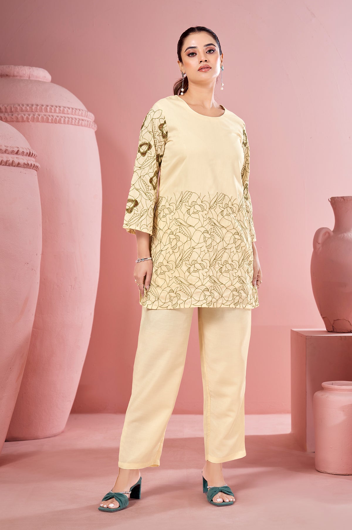 Cream Embroidered Cotton Co-Ord Set for Women