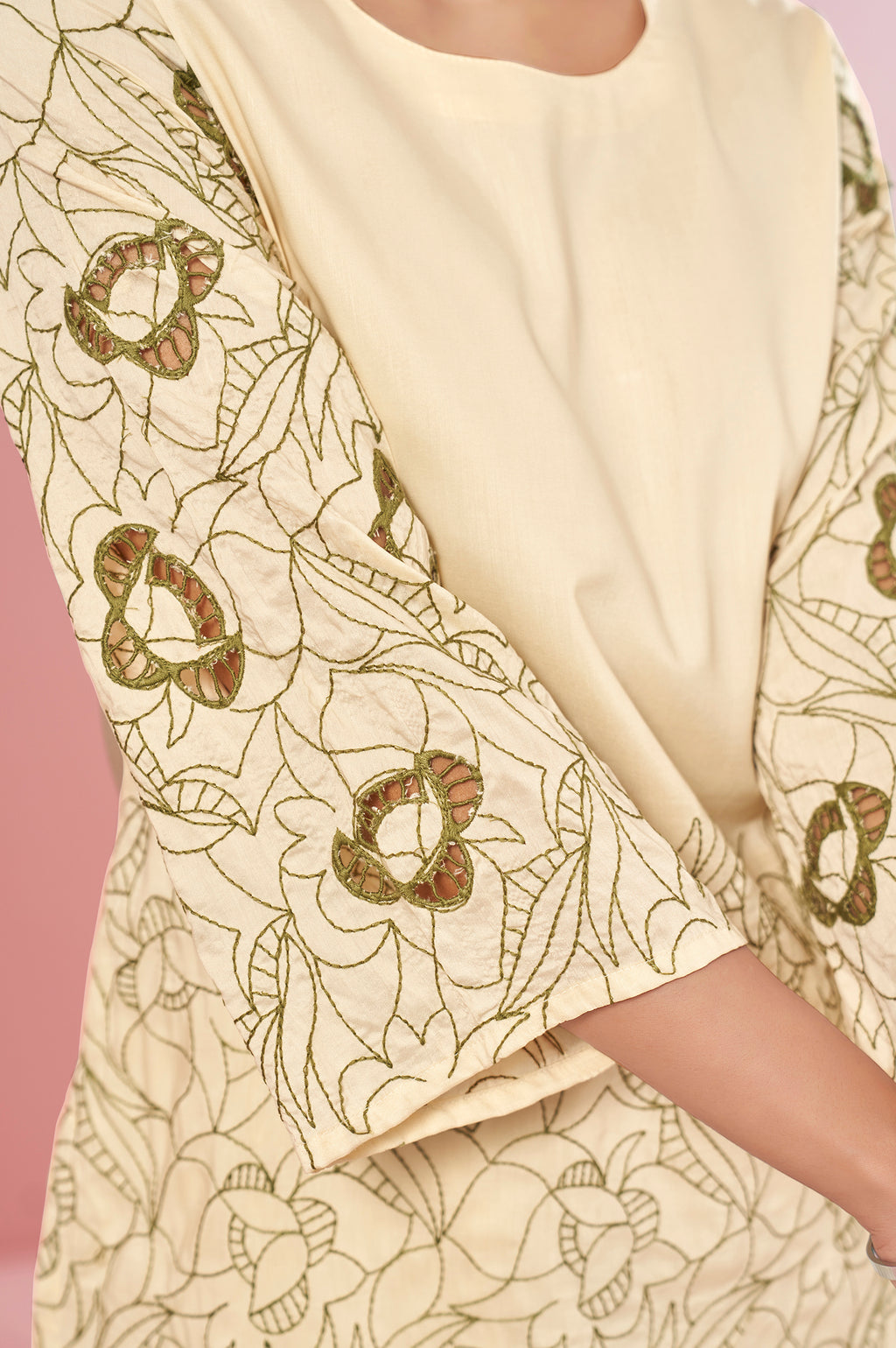 Cream Embroidered Cotton Co-Ord Set for Women