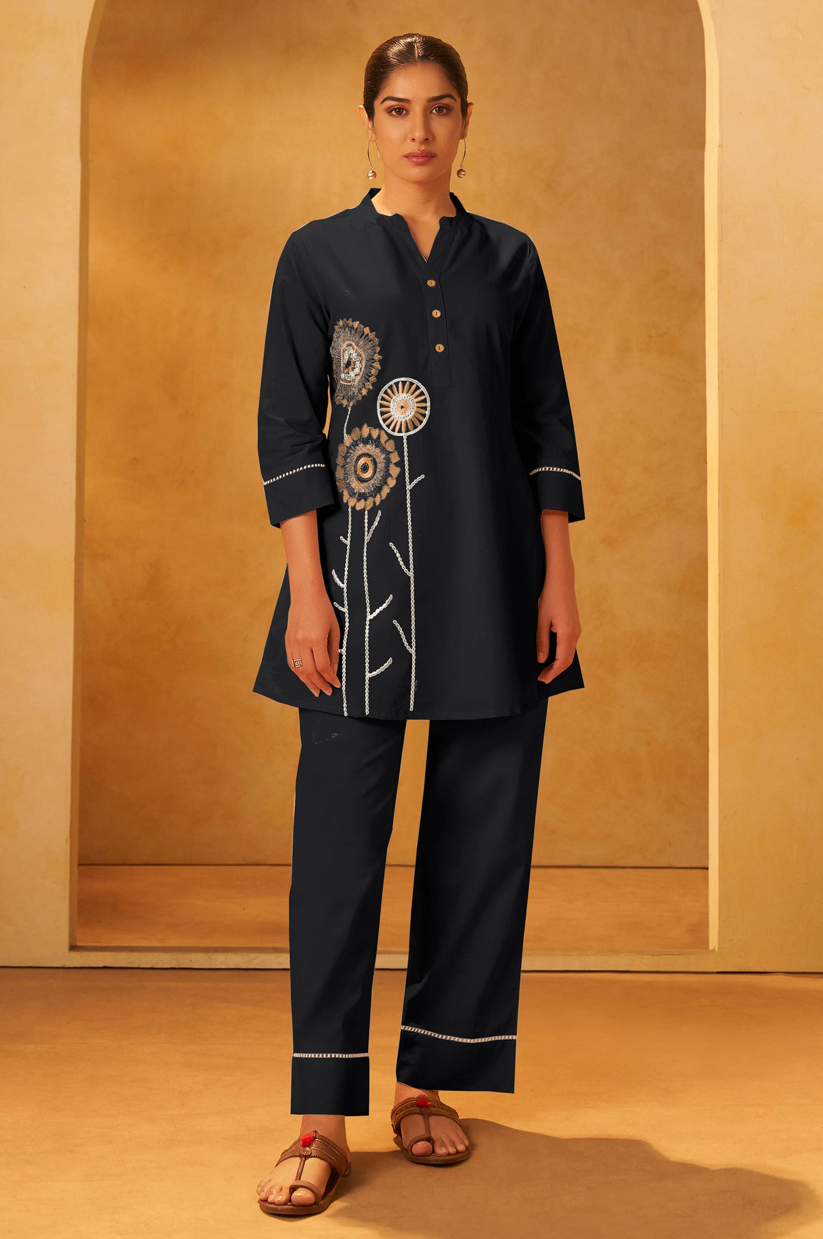 Black pure cotton embroidered straight kurta co-ord set for women with floral embroidery and matching pants