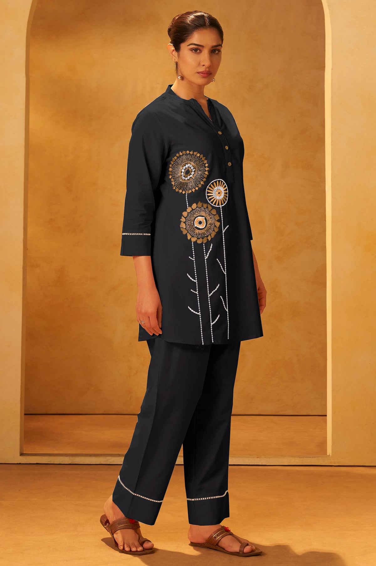 Yellow Pure Cotton Embroidered Straight Kurta Co-Ord Set