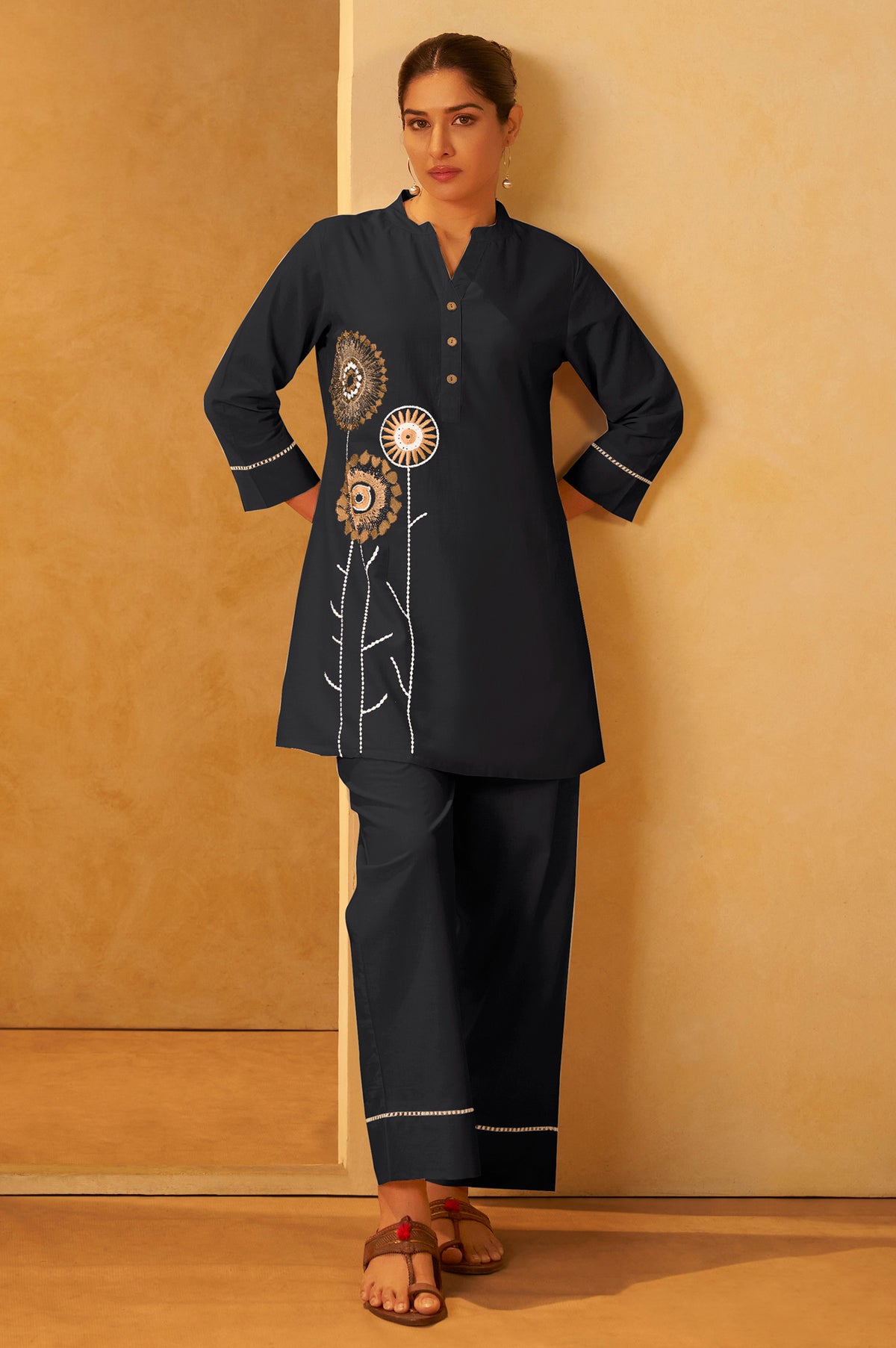 Yellow Pure Cotton Embroidered Straight Kurta Co-Ord Set
