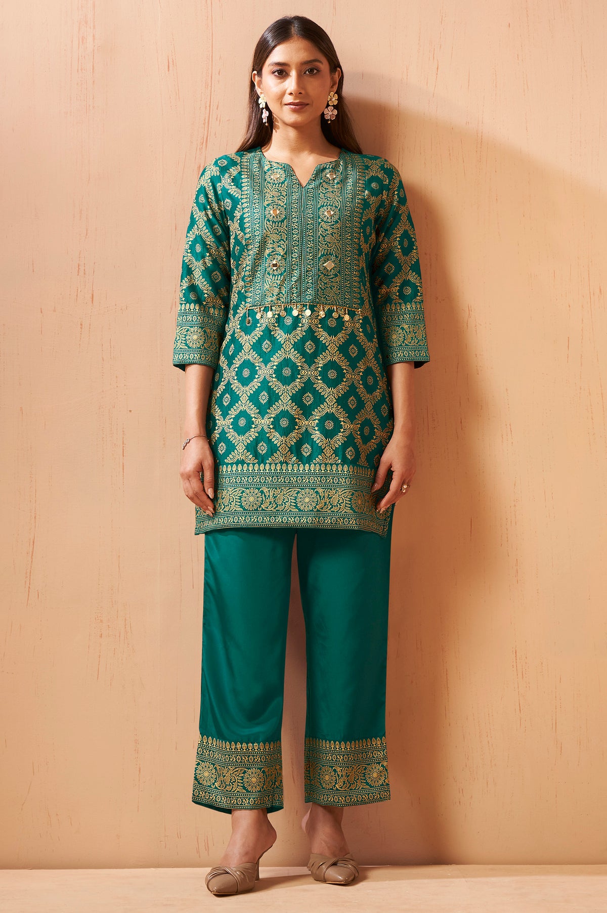 Rama green jacquard Vichitra silk co-ord set for women with printed top and wide-leg pants
