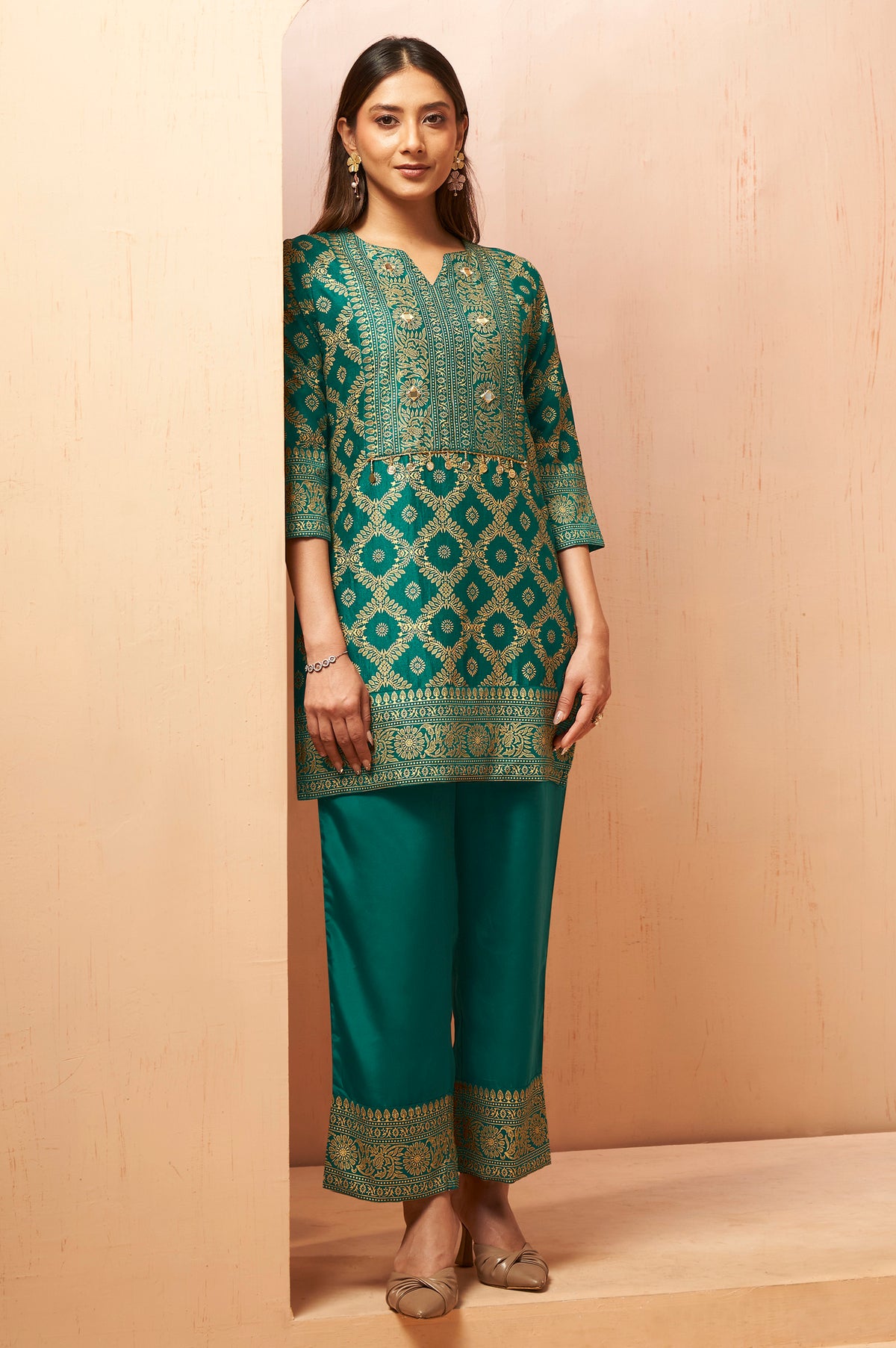 Rama Green Foil Printed Vichitra Silk Co-Ord Set
