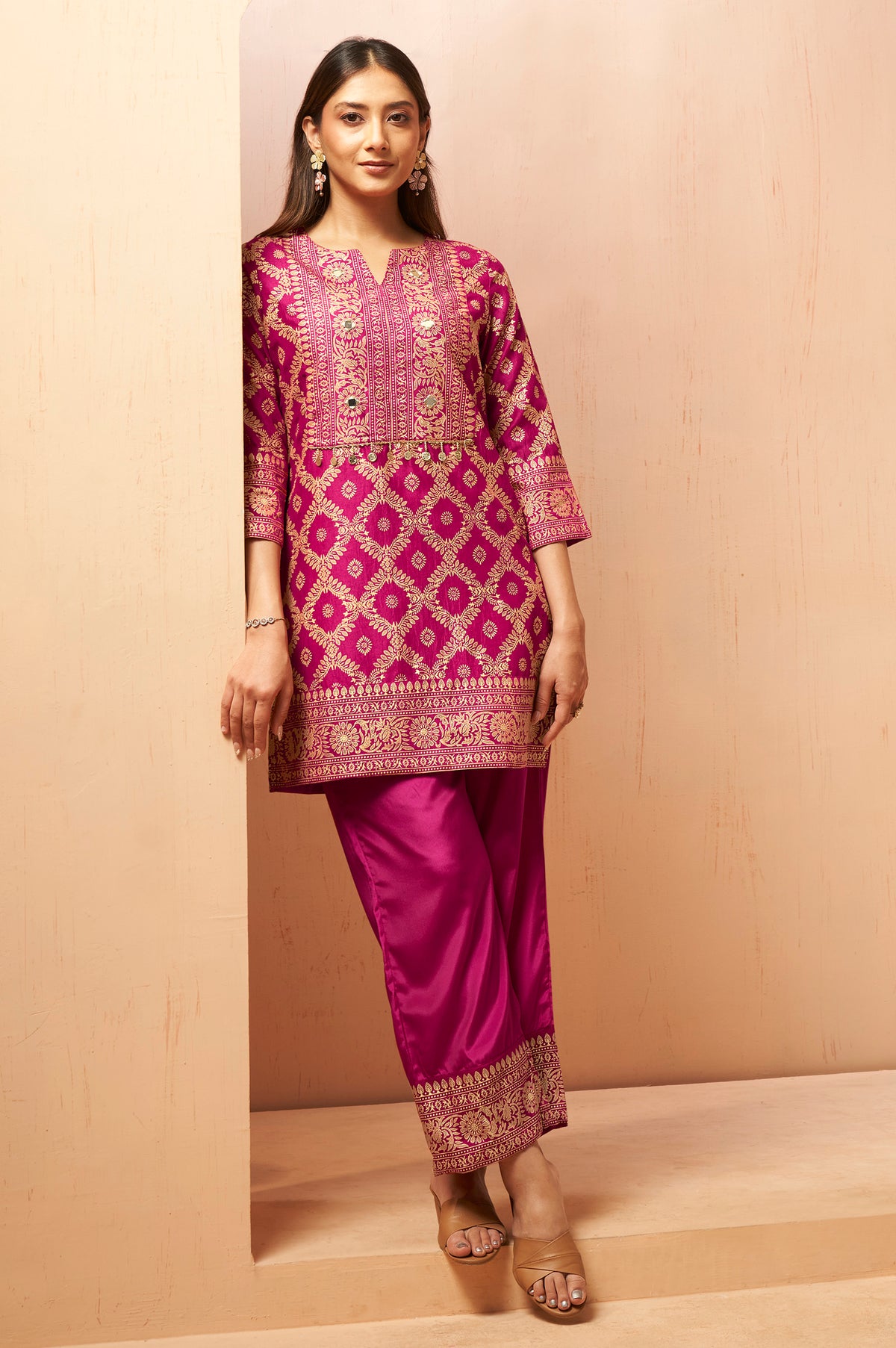 Pink jacquard Vichitra silk co-ord set for women with printed top and wide-leg pants