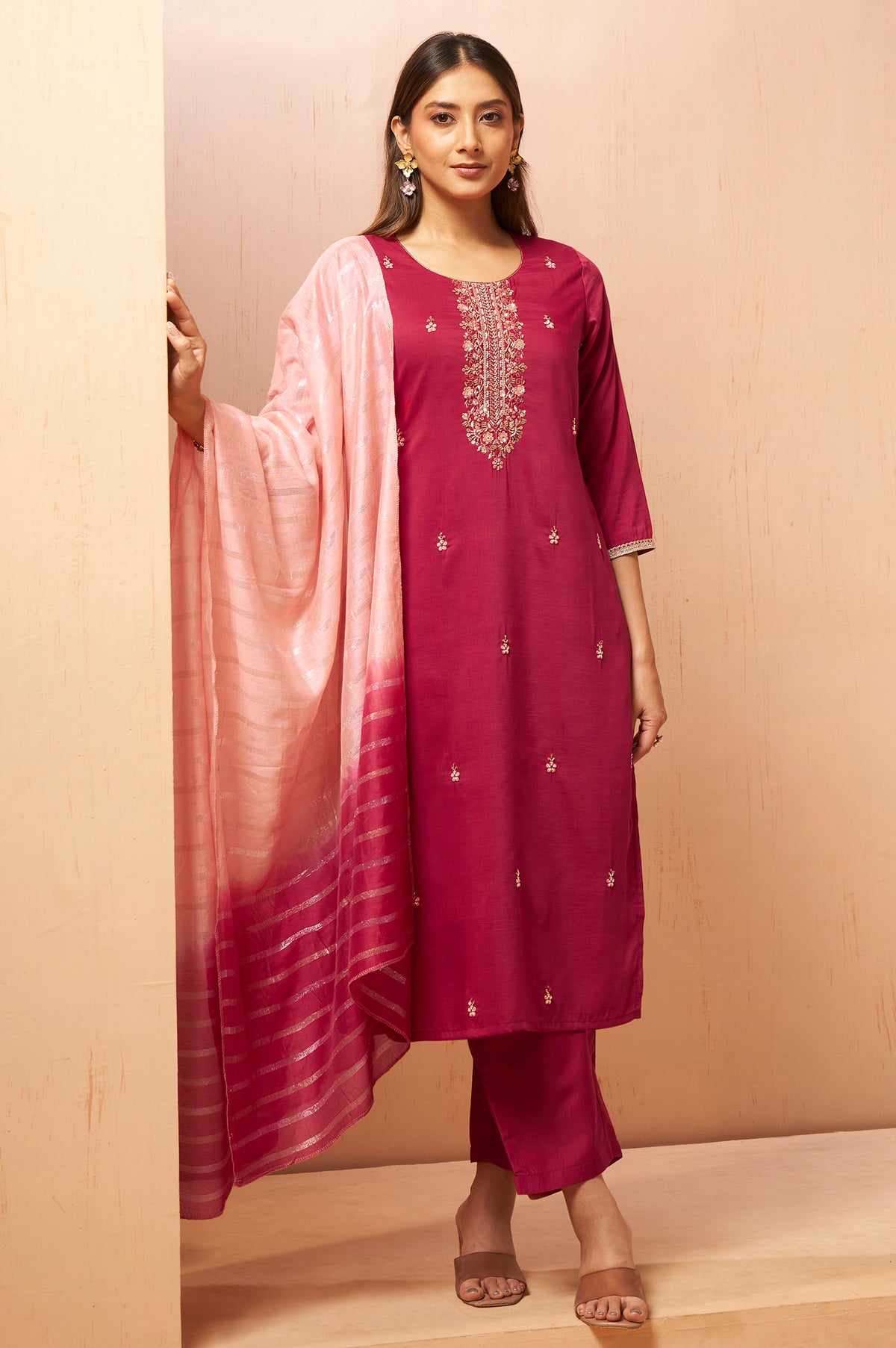 Red embroidered cotton kurta set with matching pants and dupatta for women
