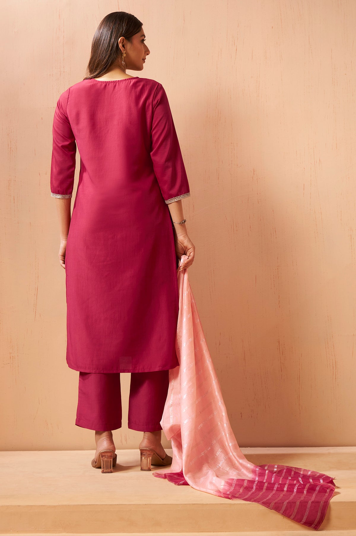 Red Beads Work Chinnon Kurta Set