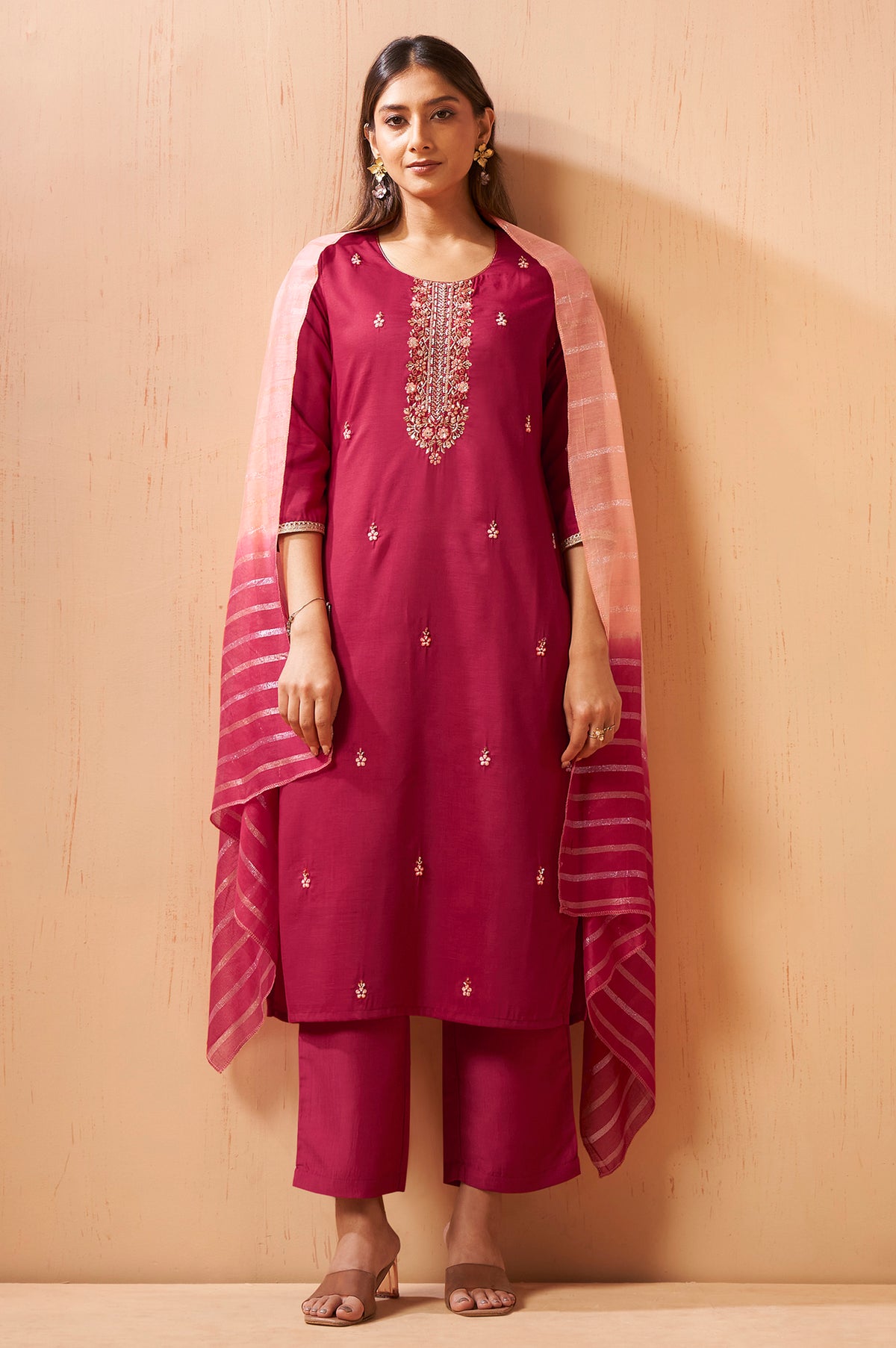 Red Beads Work Chinnon Kurta Set