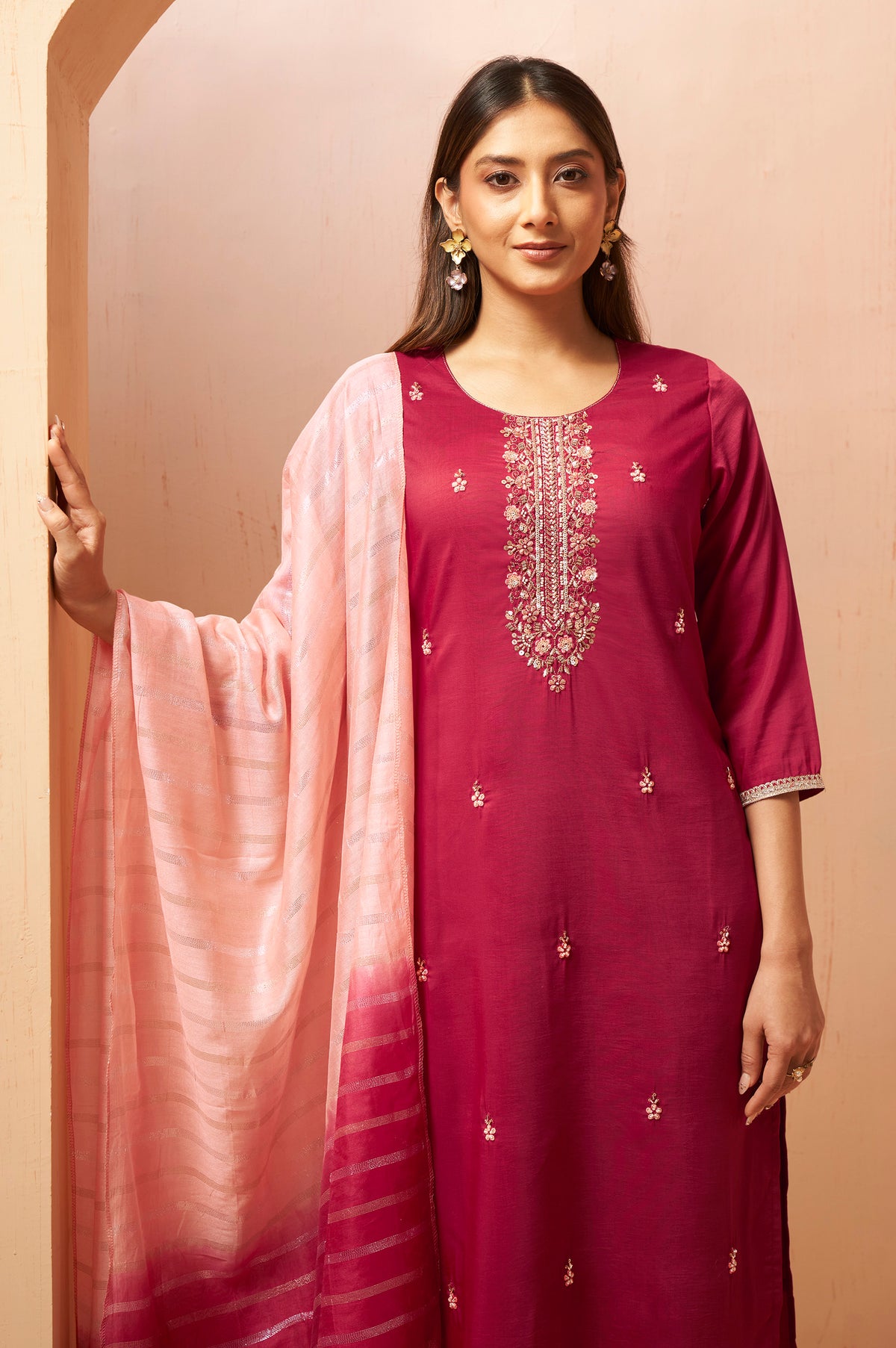 Red Beads Work Chinnon Kurta Set