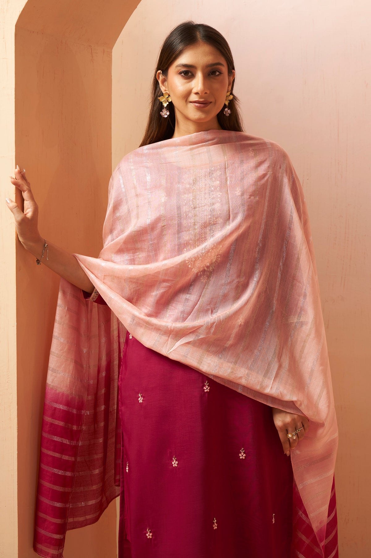 Red Beads Work Chinnon Kurta Set