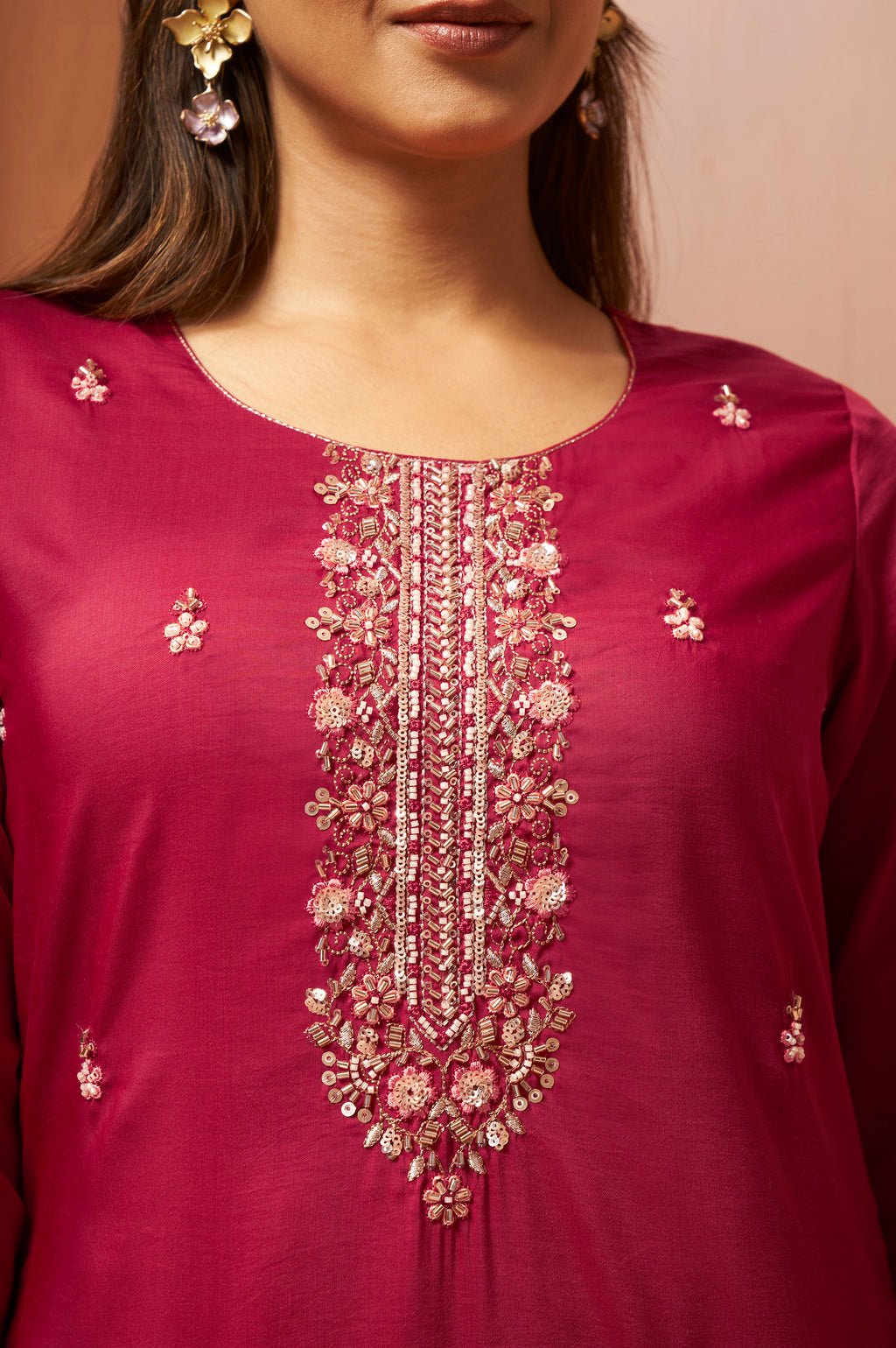 Red Beads Work Chinnon Kurta Set