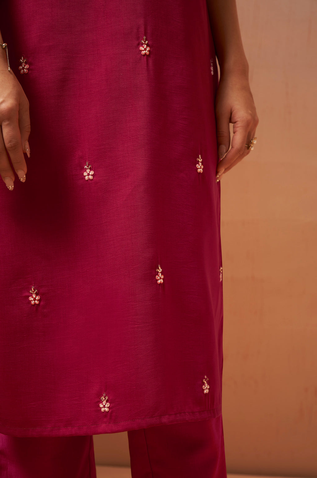 Red Beads Work Chinnon Kurta Set