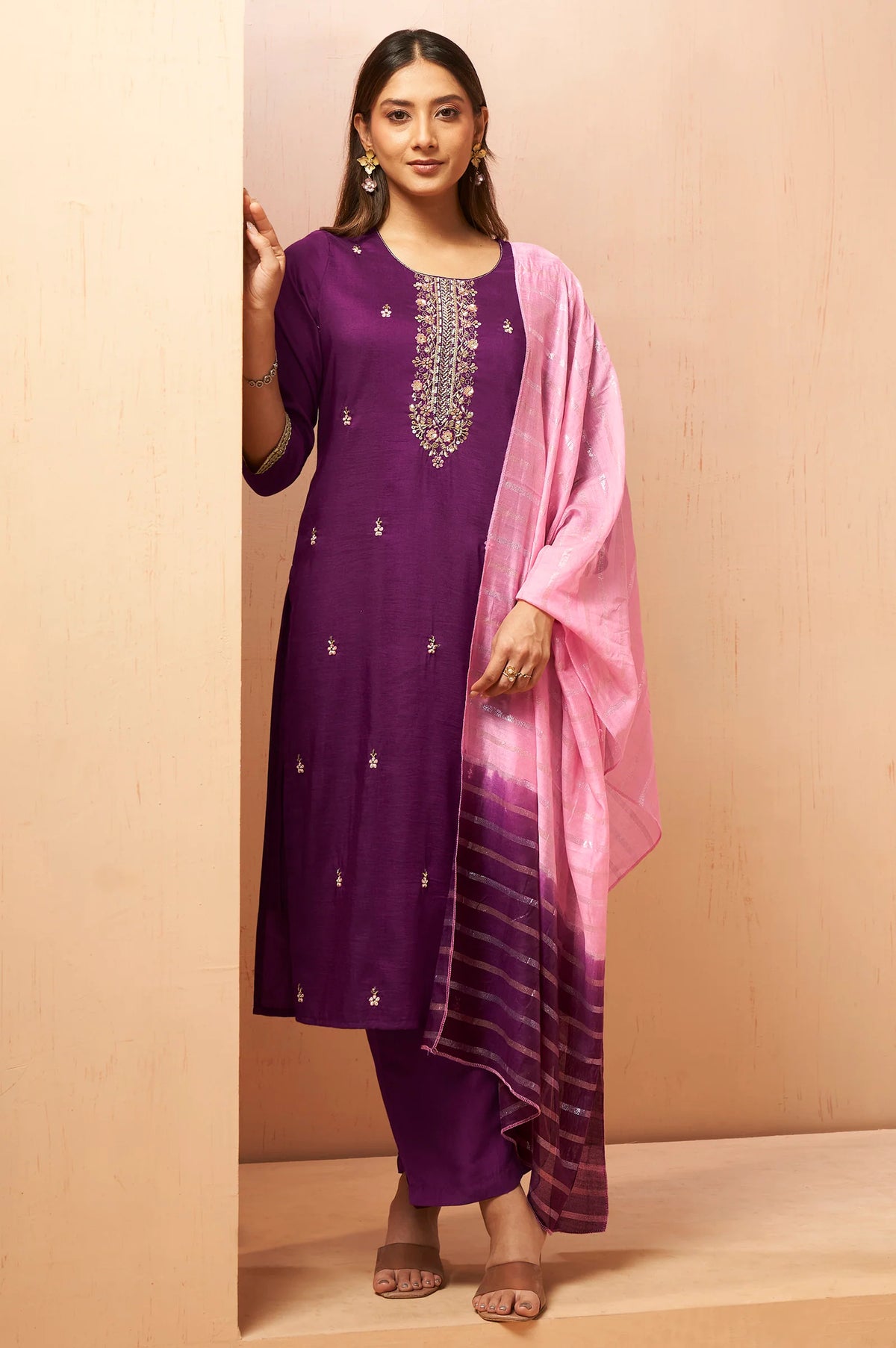 Wine embroidered cotton kurta set with matching pants and dupatta for women