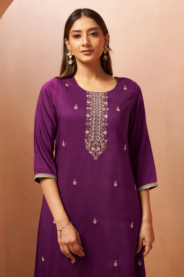 Red Beads Work Chinnon Kurta Set