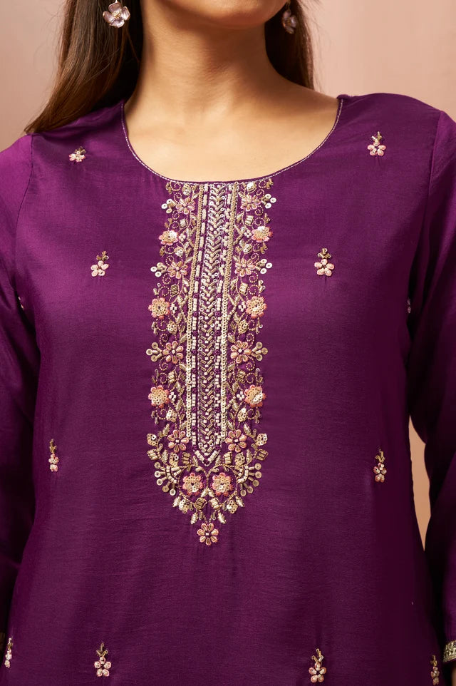 Red Beads Work Chinnon Kurta Set