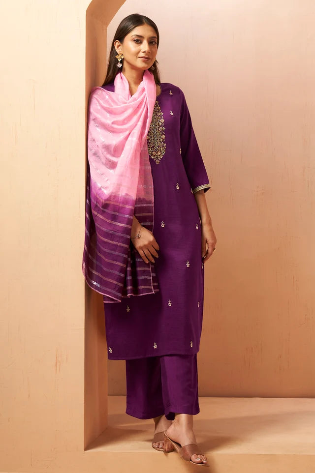 Red Beads Work Chinnon Kurta Set