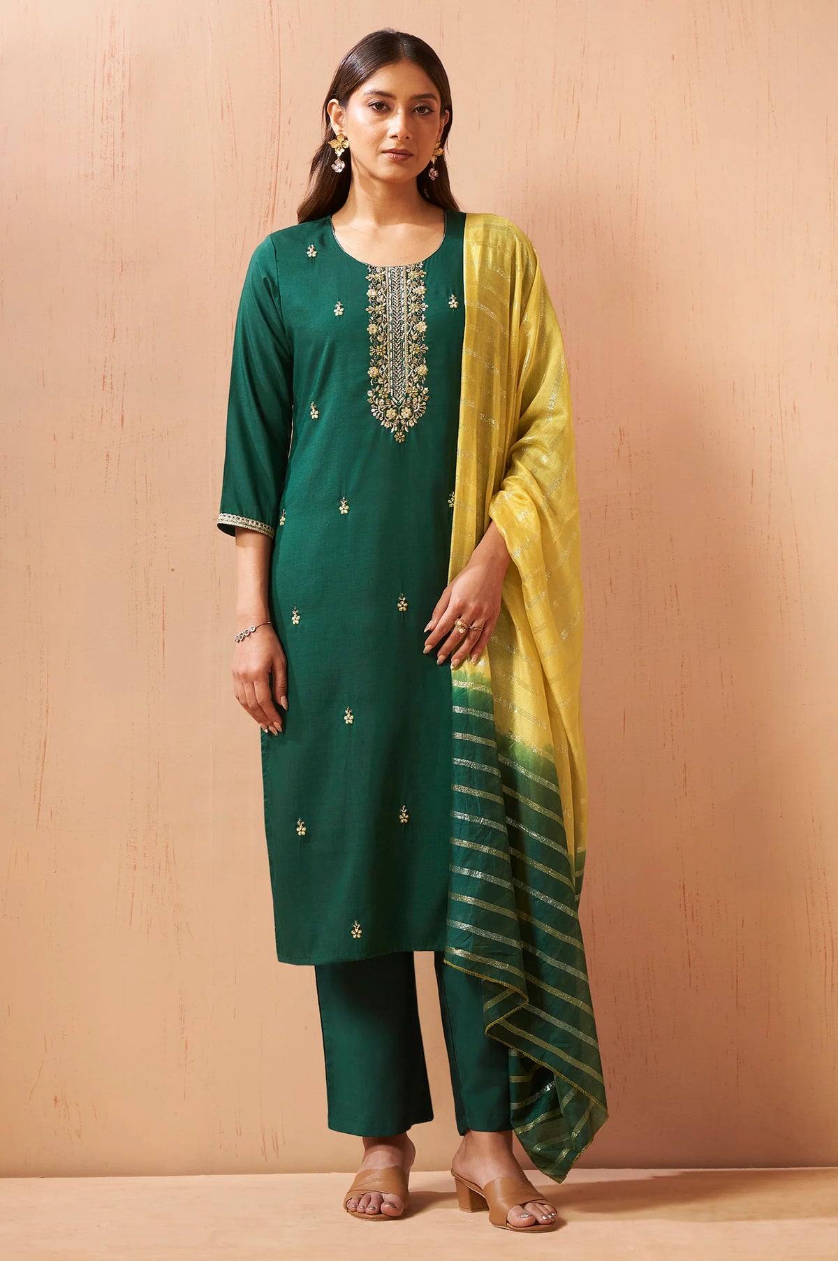 Green embroidered cotton kurta set with matching pants and dupatta for women