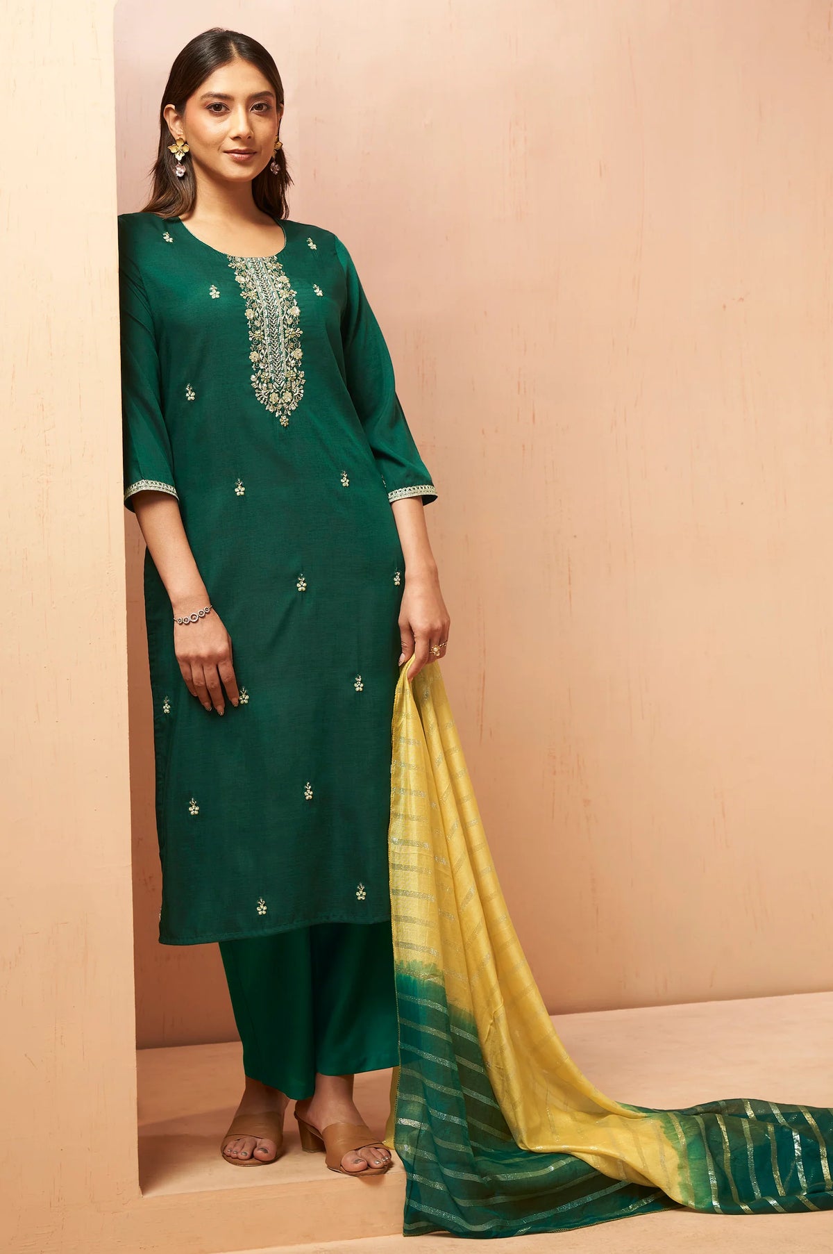 Red Beads Work Chinnon Kurta Set