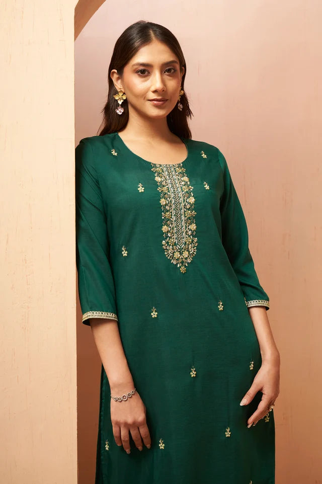 Red Beads Work Chinnon Kurta Set