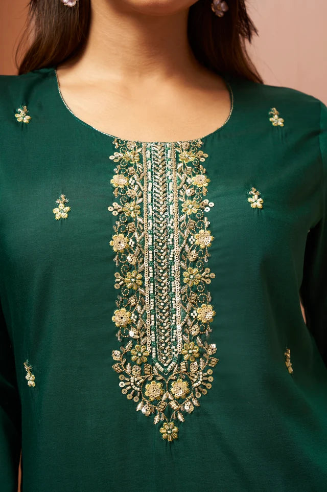 Red Beads Work Chinnon Kurta Set