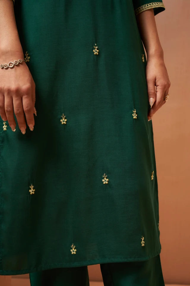 Red Beads Work Chinnon Kurta Set