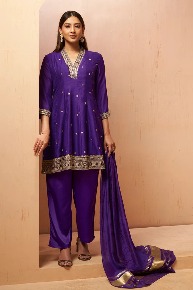 Purple embroidered Vichitra silk kurta set with pants and dupatta for women