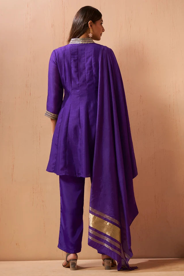 Purple Embroidered Vichitra Silk Kurta Set