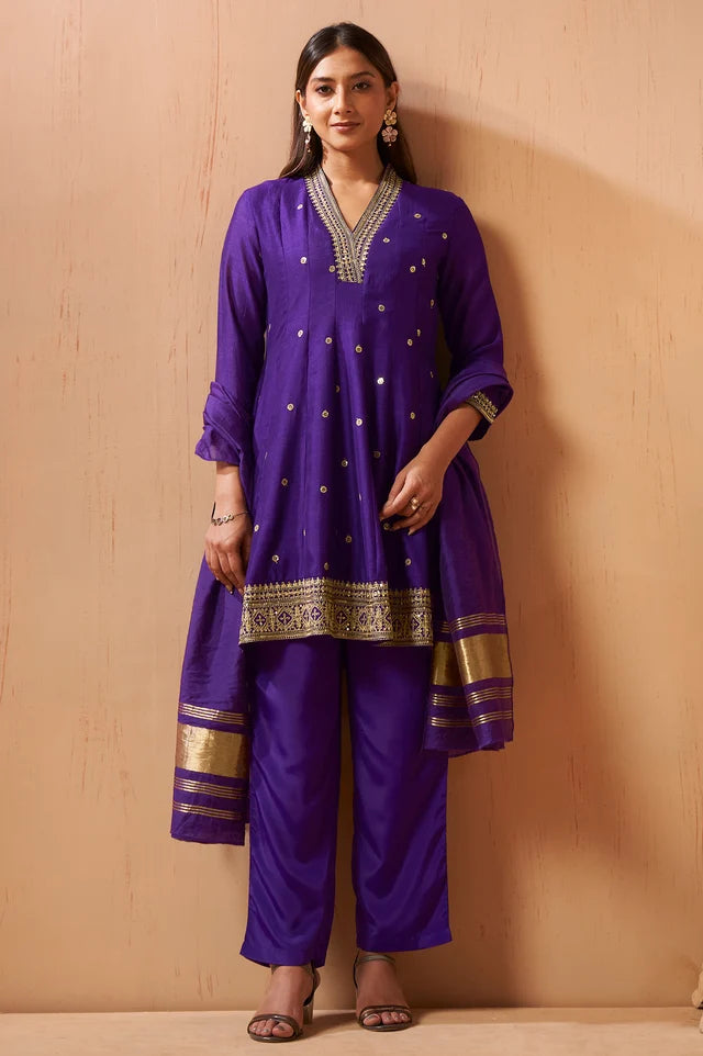 Purple Embroidered Vichitra Silk Kurta Set