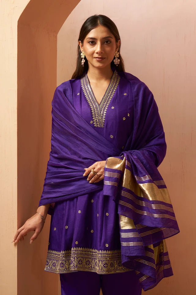 Purple Embroidered Vichitra Silk Kurta Set