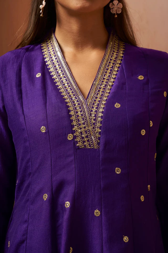 Purple Embroidered Vichitra Silk Kurta Set
