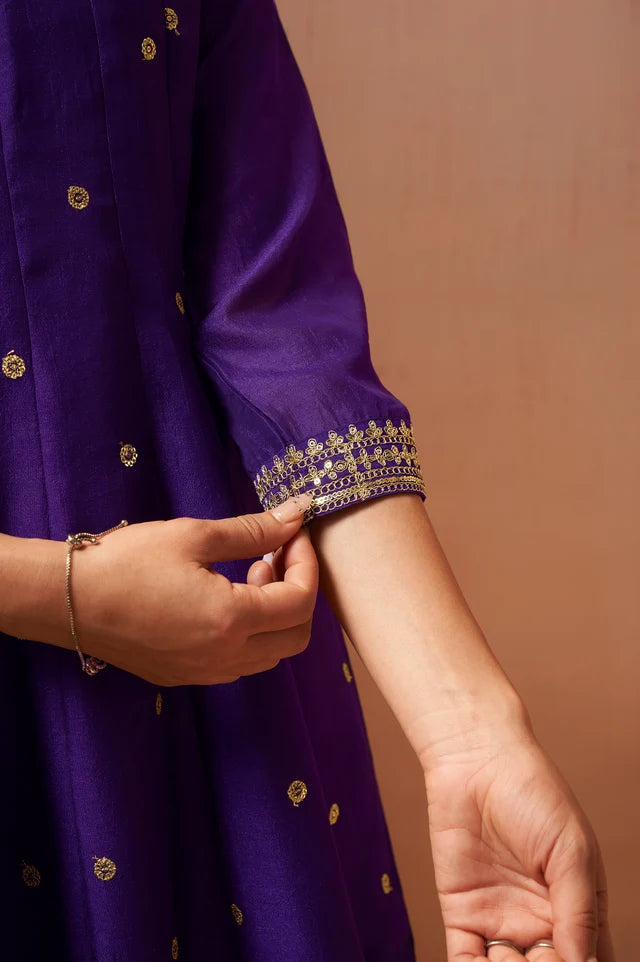 Purple Embroidered Vichitra Silk Kurta Set