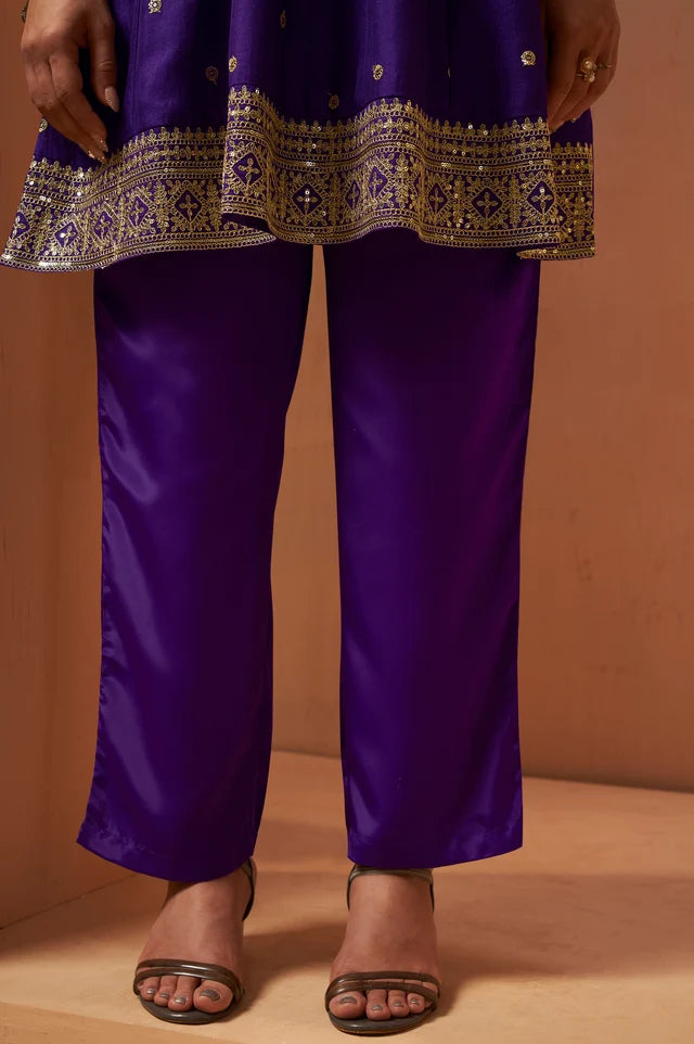 Purple Embroidered Vichitra Silk Kurta Set