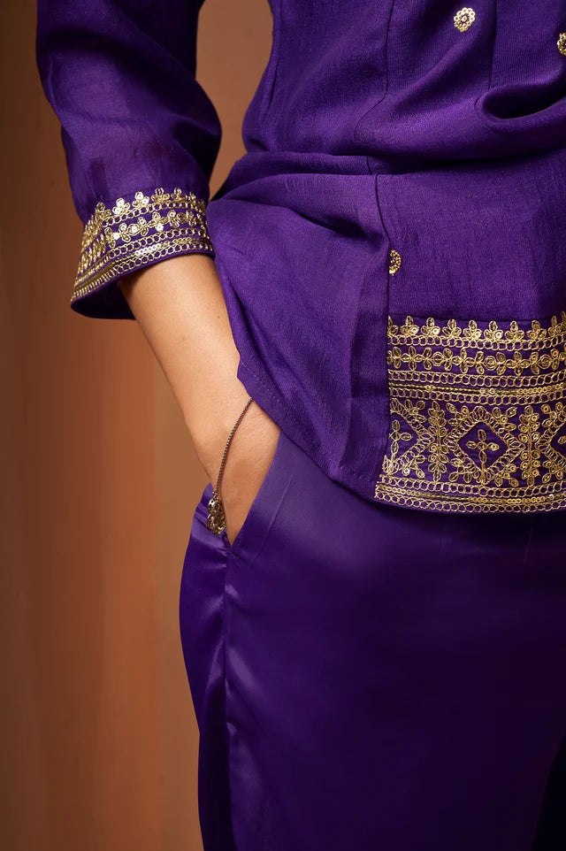 Purple Embroidered Vichitra Silk Kurta Set