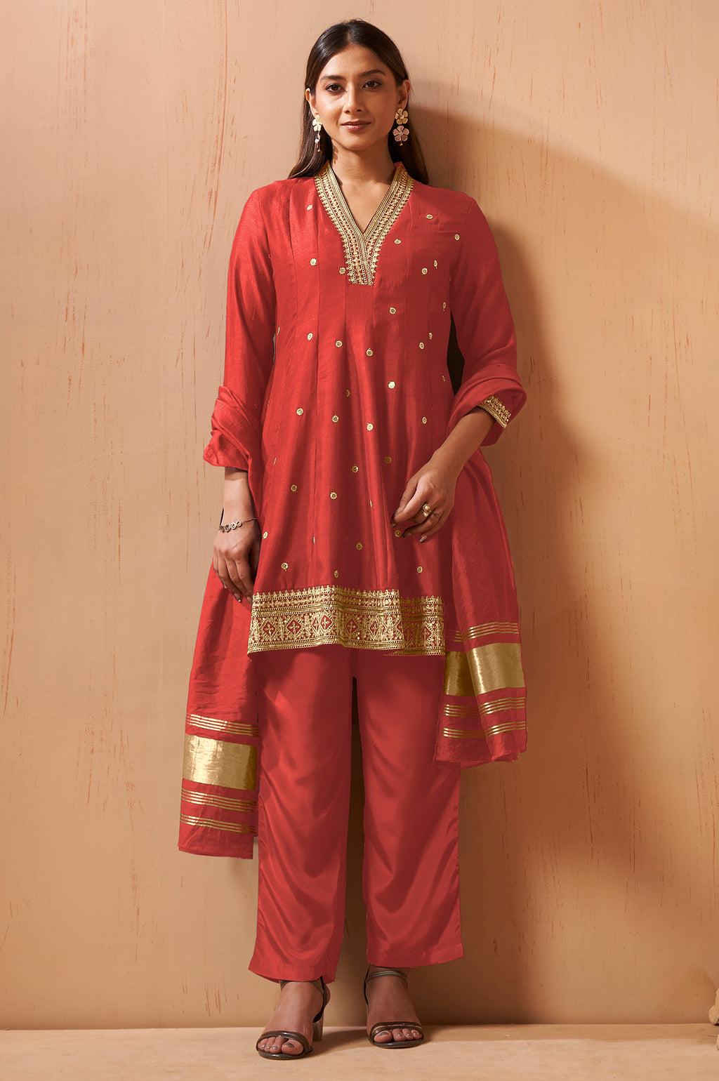 Red embroidered Vichitra silk kurta set with pants and dupatta for women
