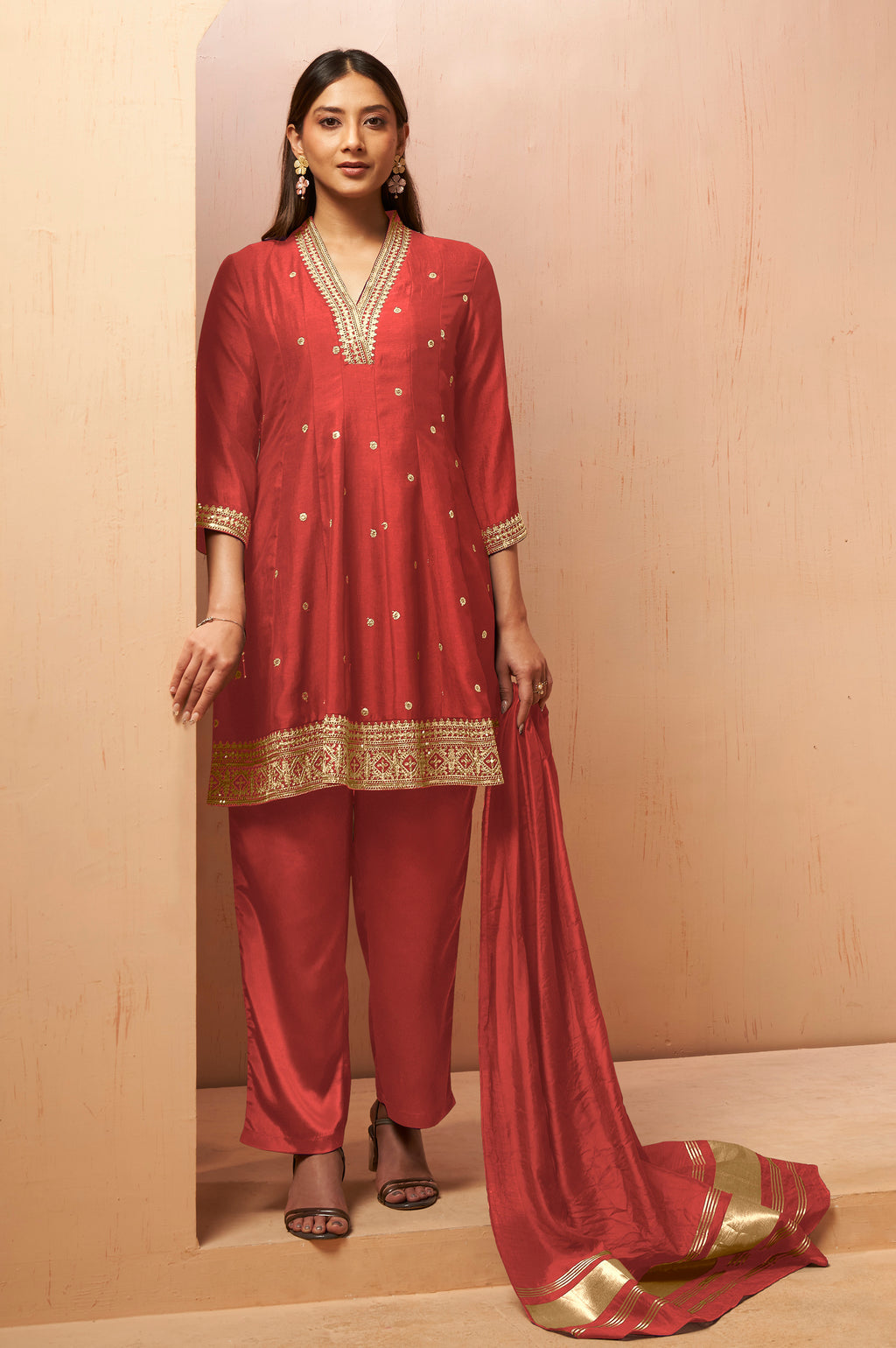 Purple Embroidered Vichitra Silk Kurta Set