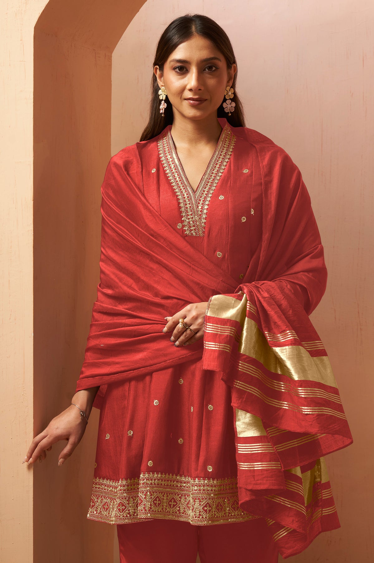 Purple Embroidered Vichitra Silk Kurta Set
