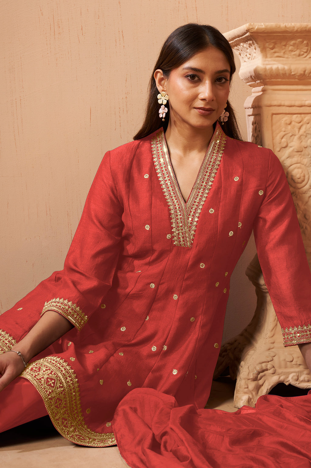 Purple Embroidered Vichitra Silk Kurta Set