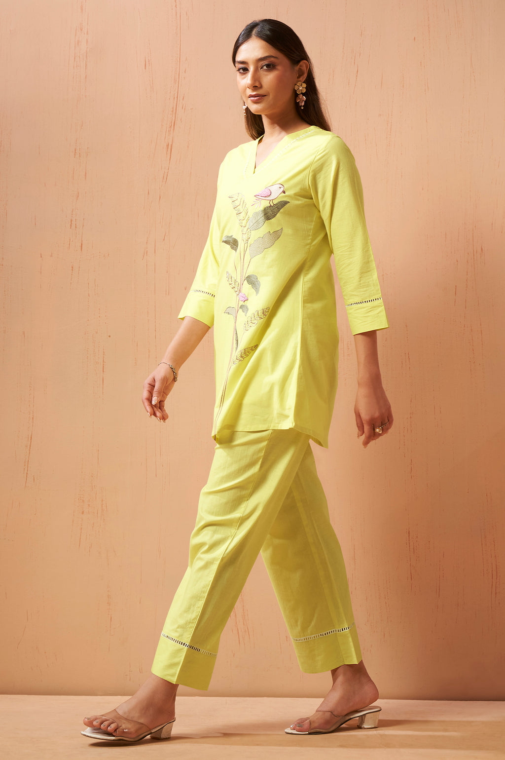 Yellow Pure Cotton Embroidered Straight Kurta Co-Ord Set