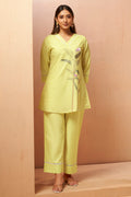Yellow pure cotton embroidered straight kurta co-ord set for women with floral embroidery and matching pants