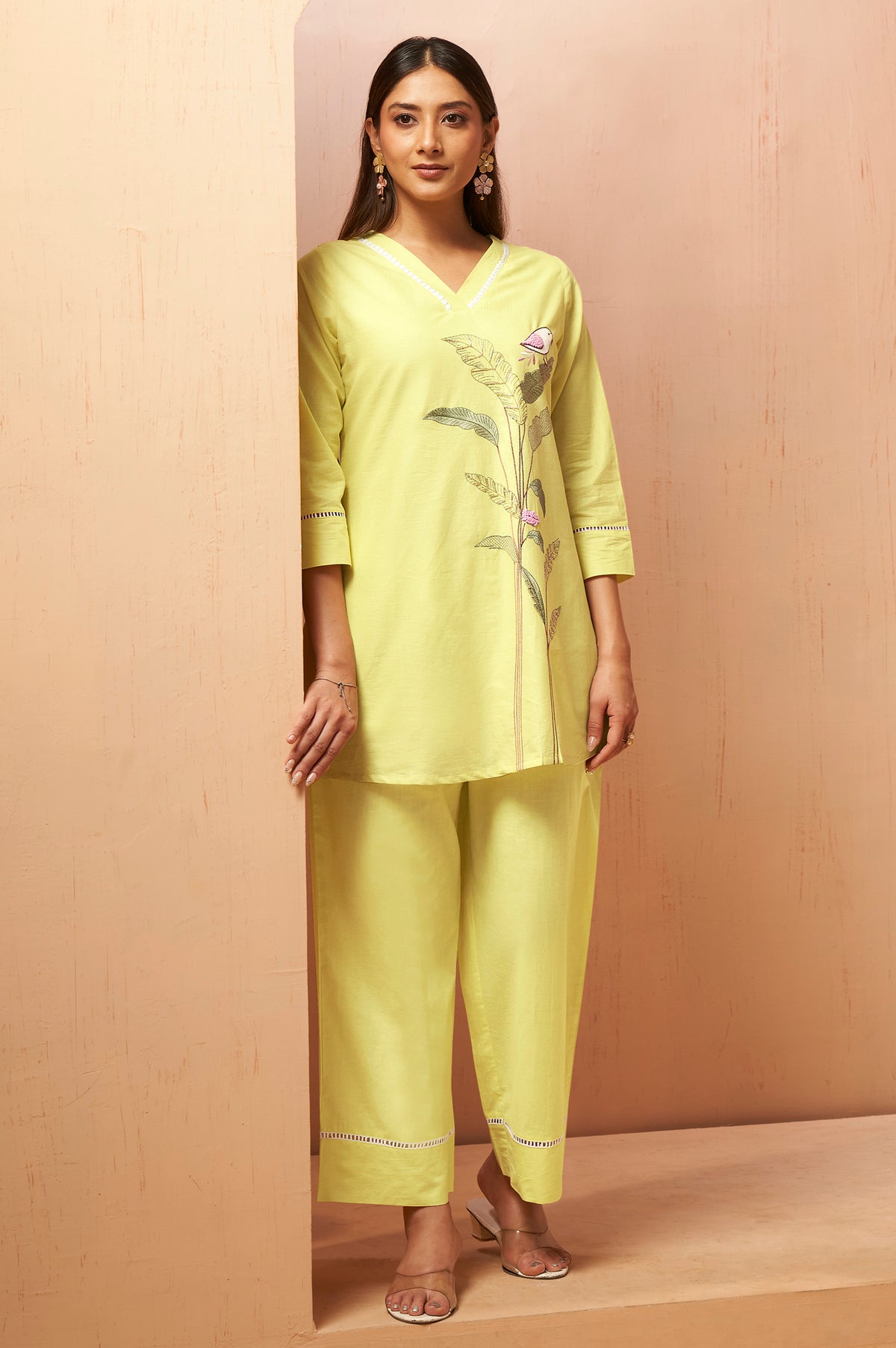 Yellow Pure Cotton Embroidered Straight Kurta Co-Ord Set