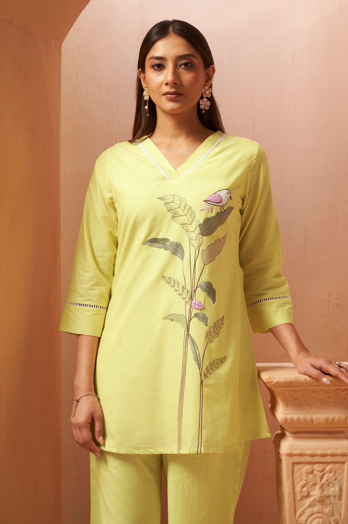 Yellow Pure Cotton Embroidered Straight Kurta Co-Ord Set