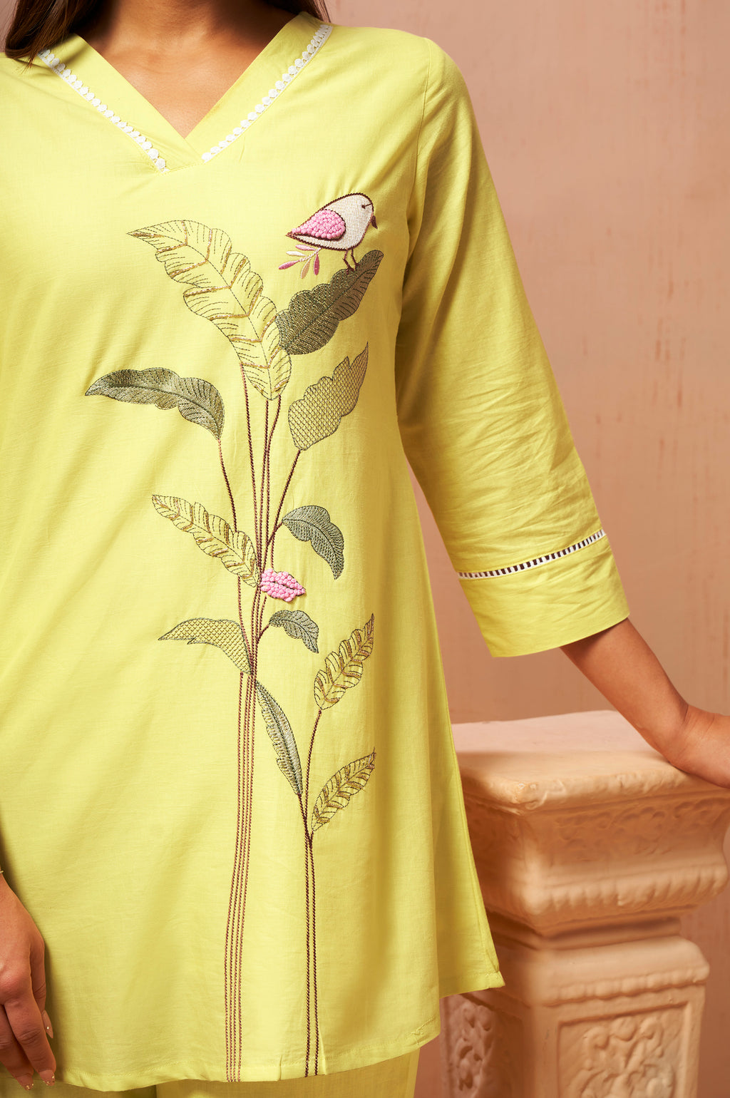 Yellow Pure Cotton Embroidered Straight Kurta Co-Ord Set