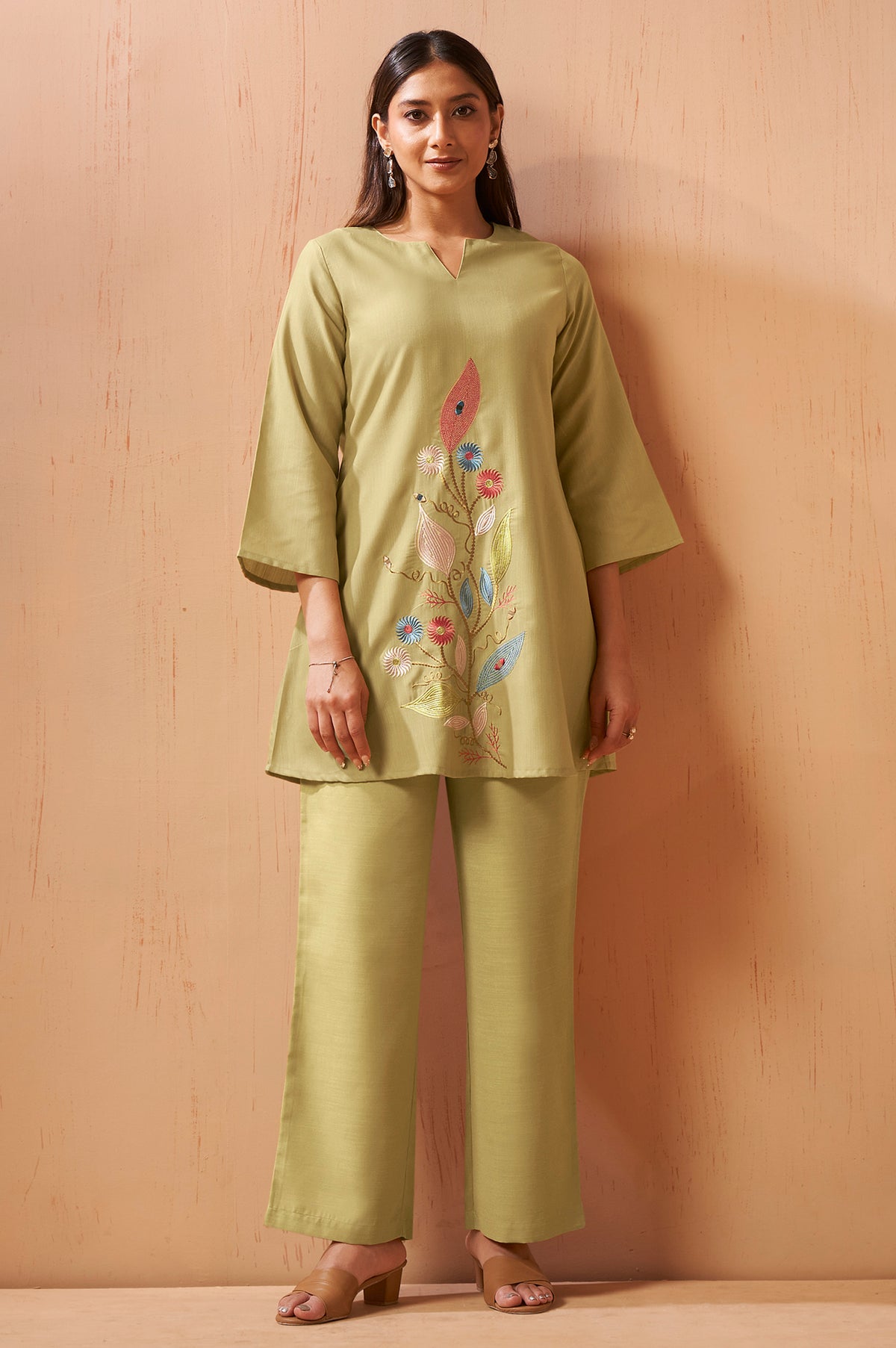 Olive Green embroidered mirror work co-ord set for women with floral top and wide-leg pants