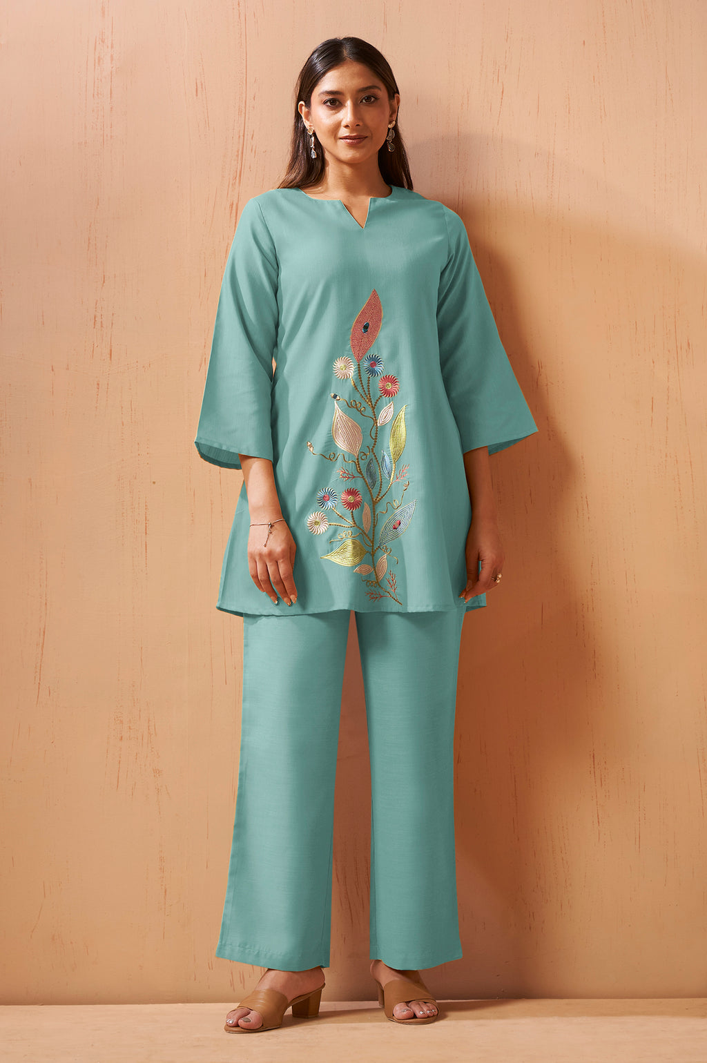 Teal embroidered mirror work co-ord set for women with floral top and wide-leg pants
