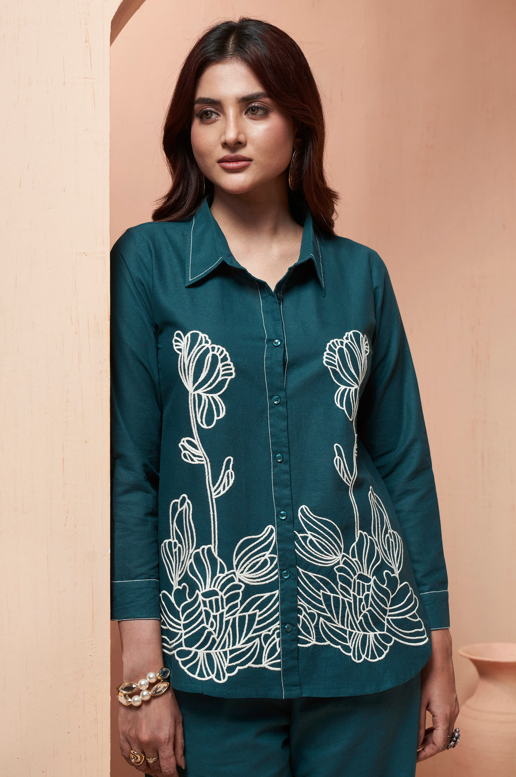 Navy Blue Embroidered Cotton Flex Co-Ord Set