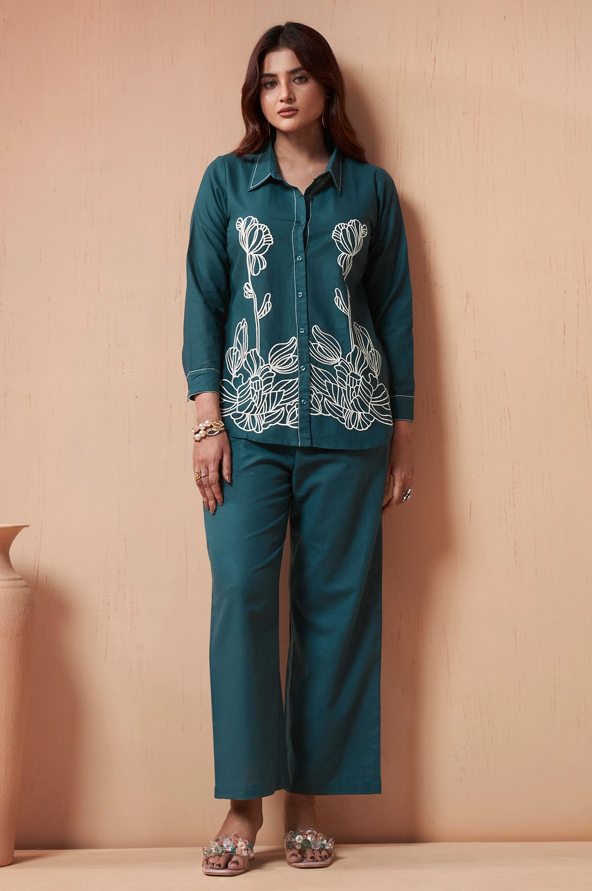 Navy blue embroidered cotton flex co-ord set for women with floral button-down top and matching pants