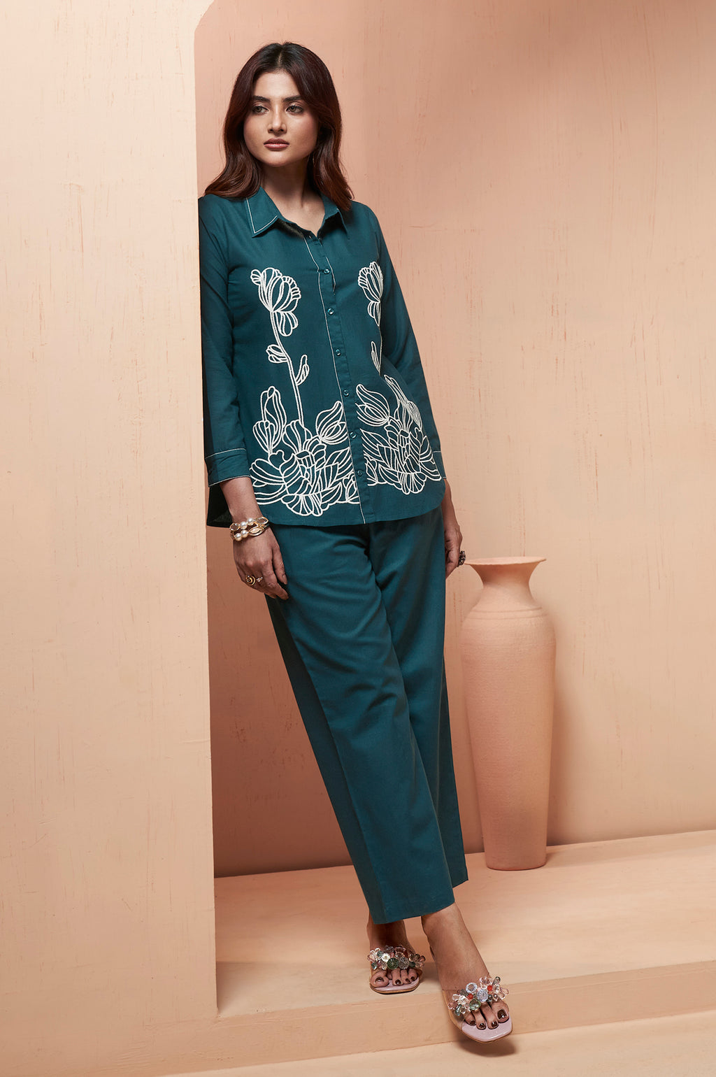 Navy Blue Embroidered Cotton Flex Co-Ord Set