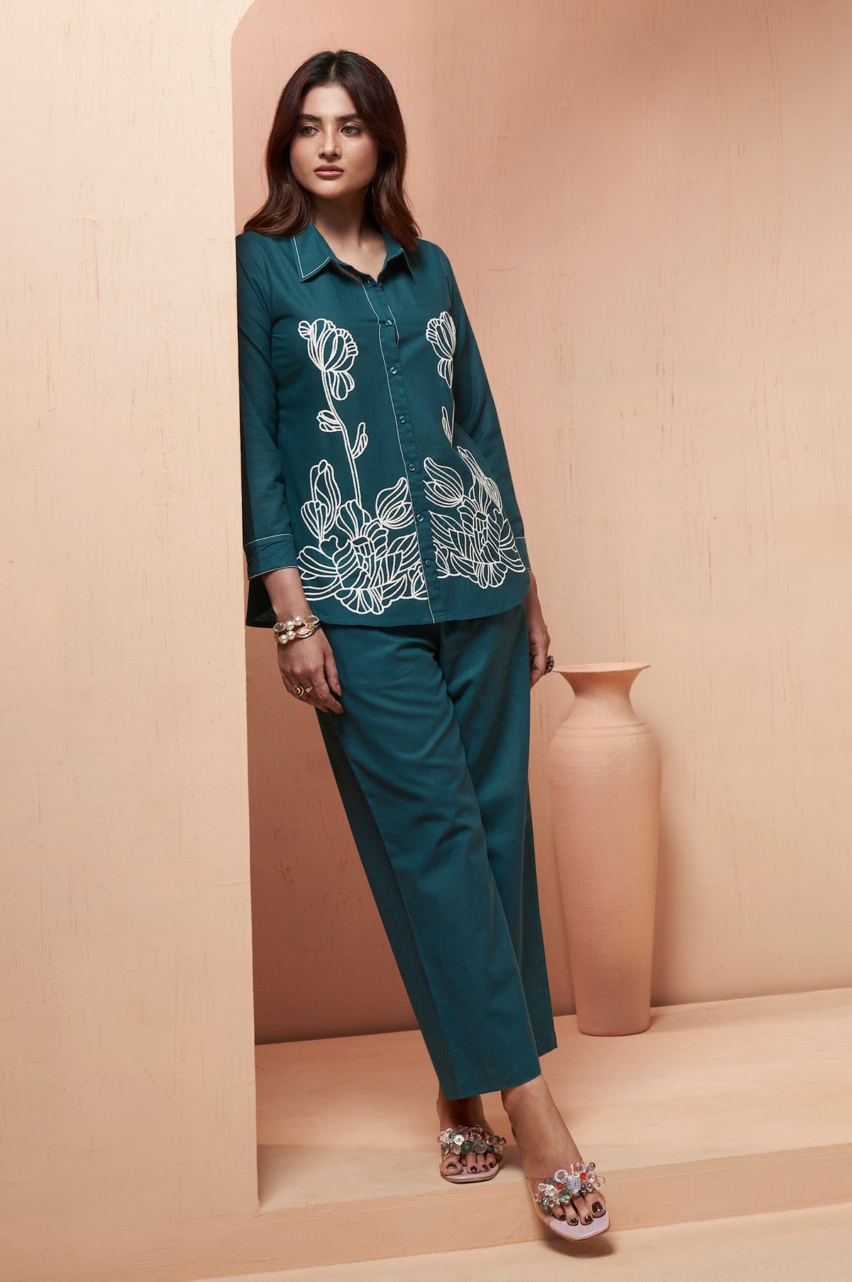 Navy Blue Embroidered Cotton Flex Co-Ord Set