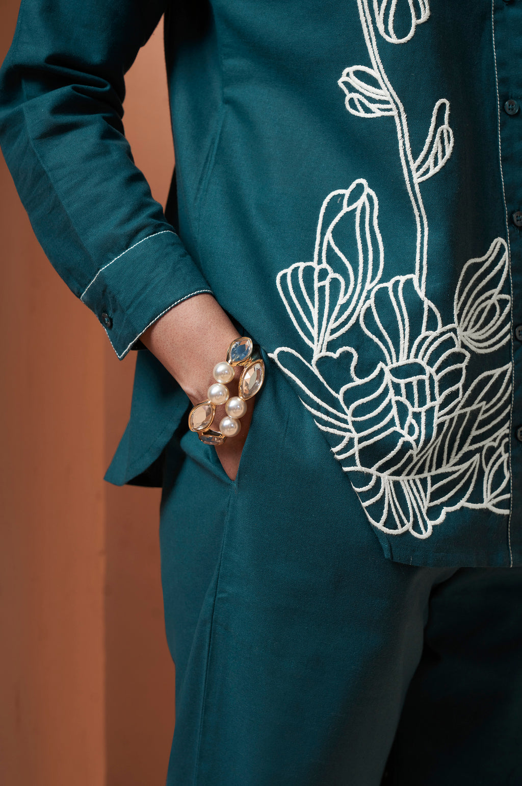 Navy Blue Embroidered Cotton Flex Co-Ord Set