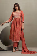 Orange georgette embroidered straight kurta set with matching pants and dupatta for women